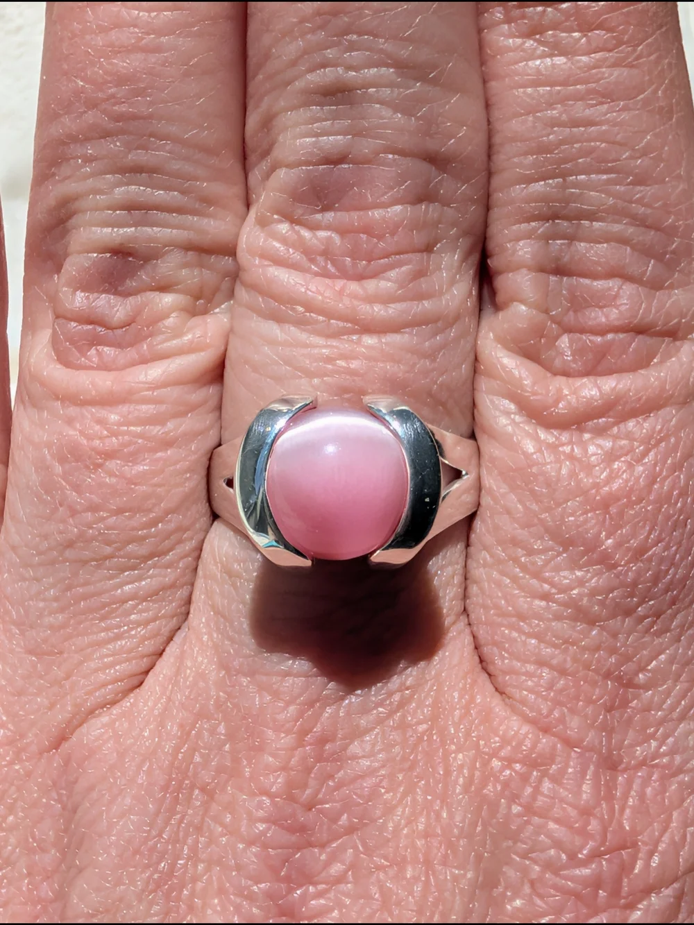 925 Sterling Silver Pink Cat’s Eye Cabochon Statement Ring Size 7.5